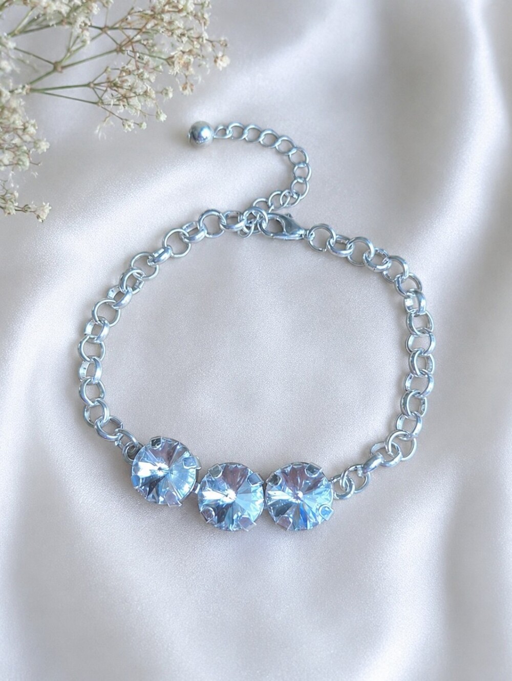 Shiny Silver Rolo Chain & Clear Crisp Crystals   Bracelet - Hand Crafted